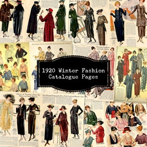 May include: A collage of vintage fashion catalogue pages from 1920 featuring women's clothing, including dresses, coats, and hats. The pages are in black and white and feature illustrations and text.