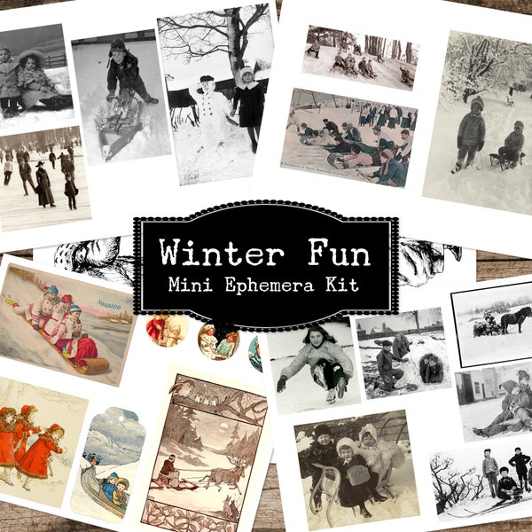 Winter Activities Mini Ephemera Kit, Junk Journal Supply, Vintage Winter Illustration, Collage Sheets, Antique Photographs, Children in Snow