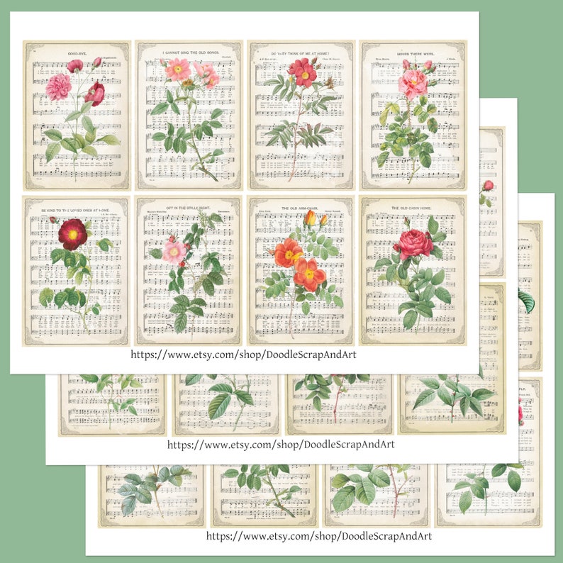 May include: Twelve digital collage sheets featuring vintage illustrations of roses on sheet music backgrounds. The roses are in various shades of pink, red, and orange. The sheet music is in black and white.