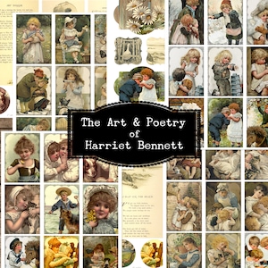 Victoriaanse kinderen, collage kunst afdrukbaar, antiek boekgedicht, vintage boekillustratie, oude boekkunst, Harriet Bennett, poëzie voor kinderen