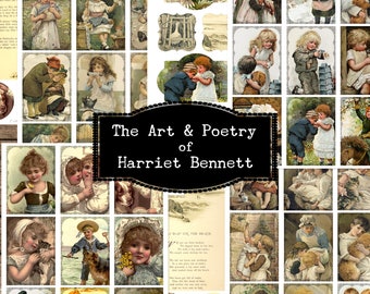 Victorian Children, Collage Art Printable, Antique Book Poem, Vintage Book Illustration, Old Book Art, Harriet Bennett, Poetry for Kids