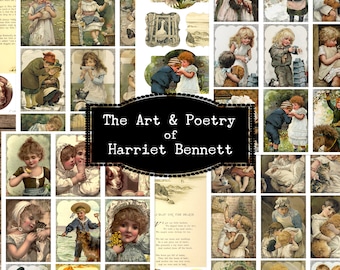 Victorian Children, Collage Art Printable, Antique Book Poem, Vintage Book Illustration, Old Book Art, Harriet Bennett, Poetry for Kids