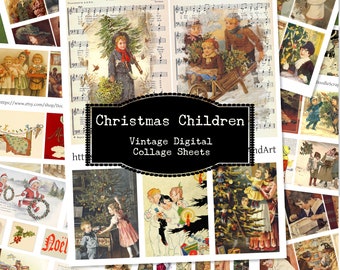 Christmas Children Vintage Collage Sheets, Digital Holiday Journal Printables, Decoupage Paper, Edwardian Children, Vintage Christmas Cards