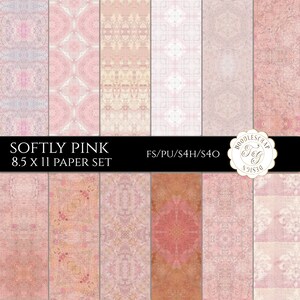 Könnte beinhalten: Ein Set mit 10 digitalen Papierhintergründen in sanften Rosa- und Pfirsichtönen mit verschiedenen Mustern. Die Papiere sind 8,5 x 11 Zoll groß und perfekt für Scrapbooking, Kartenherstellung und andere Papierarbeiten.