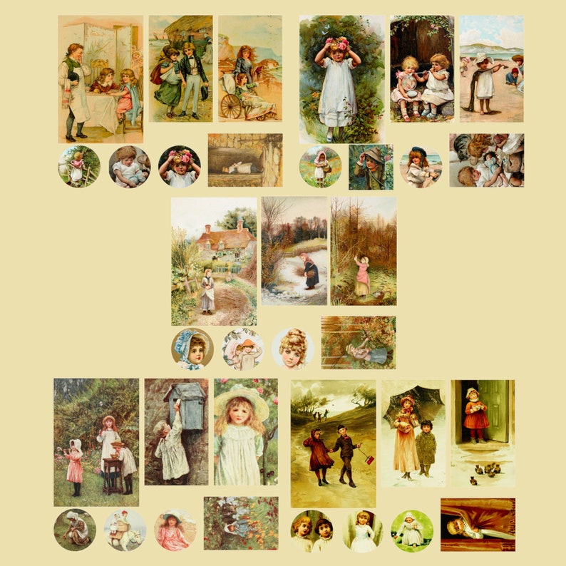 May include: A collection of vintage illustrations featuring children in various settings. The illustrations are in a whimsical style and depict children playing, walking, and interacting with each other. The illustrations are printed on paper and have a vintage aesthetic.