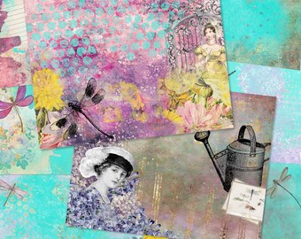May include: A collage of vintage images featuring a woman in a dress, a dragonfly, a watering can, and floral patterns. The background is a mix of turquoise, pink, and purple.