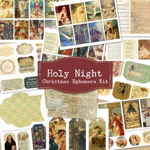 Holy Night Christmas Ephemera Kit, Vintage Holiday Handmade Journal Cards, Nativity Holy Family Printable, Religious Art , Instant Download
