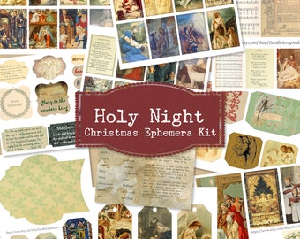 Holy Night Christmas Ephemera Kit, Vintage Holiday Handmade Journal Cards, Nativity Holy Family Printable, Religious Art , Instant Download