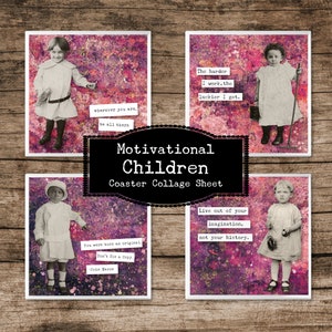Motivierende Kinder Untersetzer Set, Vintage Inspirational Collage Sheet, Quadrat Journal Karten, Magnet Grafik, druckbares Decoupage Papier