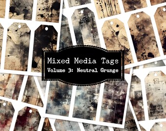 Grunge Style Mixed Media Tags, Printable Gift Tag, Grungy Junk Journal Insert, Grunge Background DIY Gift Tags, Mixed Media Digital Ephemera
