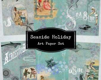 Seaside Holiday Decorative Papers, Mixed Media Art, Vintage Images, Decoupage Paper, Ocean Theme Print, Antique Graphics Digital Collage