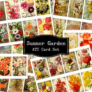 Cartões ATC imprimíveis do jardim do verão, folhas florais da colagem de Digitas do vintage, pacote das coisas efêmeras da flor, cartões imprimíveis botânicos do Wildflower,