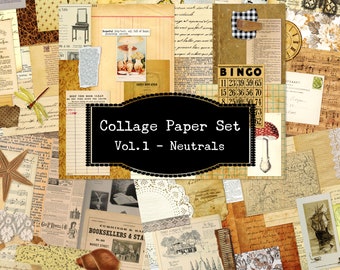Neutral Collage Prints, Vintage Scraps, Old Paper Background, Grungy Junk Journal Digital Collage Paper, Decorative Paper, Instant Download
