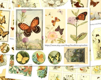 Vintage Butterfly Ephemera, Butterfly Junk Journal, Kit de efímera vintage imprimible, Tarjeta de diario, Etiqueta de diario basura, Bolsillo, Descarga digital