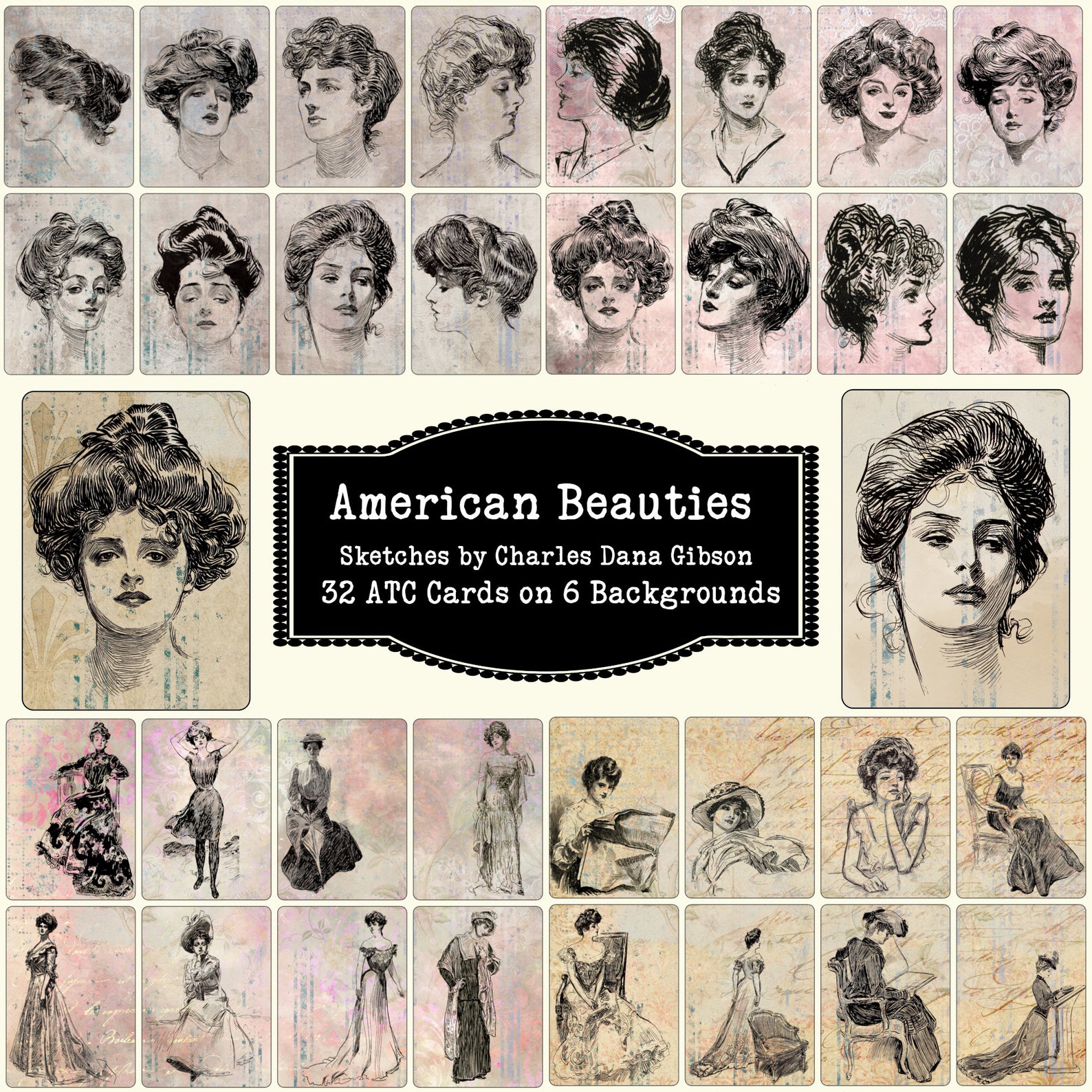Gibson Girl Prints ATC Cards, Vintage Sketch Art, Woman Illustration ...
