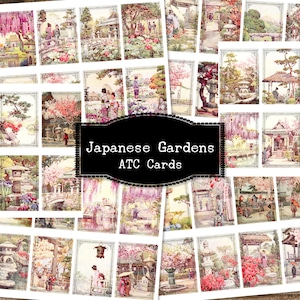 Cartões ATC de jardim japonês, aquarela antiga, arte vintage alterada, pinturas de flores, imprimíveis de jardim, coisas efêmeras digitais, arte Ella Du Cane