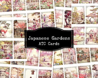 Japanese Garden ATC Cards, Antique Watercolor, Altered Vintage Art, Flower Paintings, Garden Printables, Digital Ephemera, Ella Du Cane Art