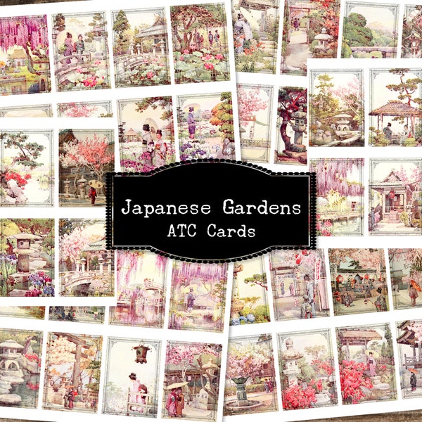 Japanese Garden ATC Cards, Antique Watercolor, Altered Vintage Art, Flower Paintings, Garden Printables, Digital Ephemera, Ella Du Cane Art