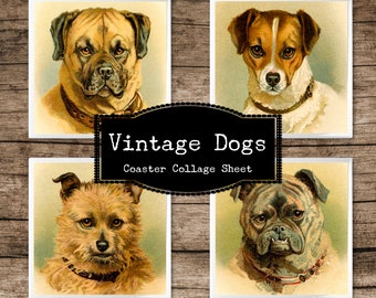 Vintage Dogs Coaster Set, Canine Collage Sheet, Antique Dog Graphics, Square Journal Cards, Magnet Graphic, Printable Decoupage Paper