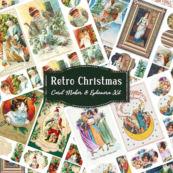 Retro Christmas Card Maker & Ephemera Kit: Printable Card Toppers, Vintage Holiday Printables, Crafts for Adults, Papercrafting for Teens