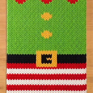 May include: A knitted Christmas-themed rectangle with a green body, red collar, and red and white striped bottom. The design resembles an elf's outfit, complete with a black belt and gold buckle. Two yellow buttons are visible on the green section.