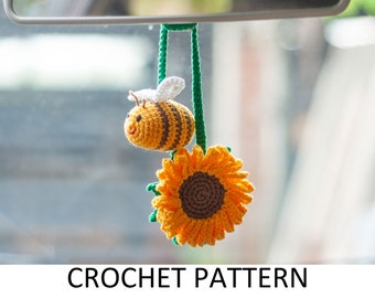 Sunflower and Bee Crochet Pattern. Crochet Car Hanger. Crochet Car Hanging Accessories. Car Rear View Mirror Charm. Flower Ornaments