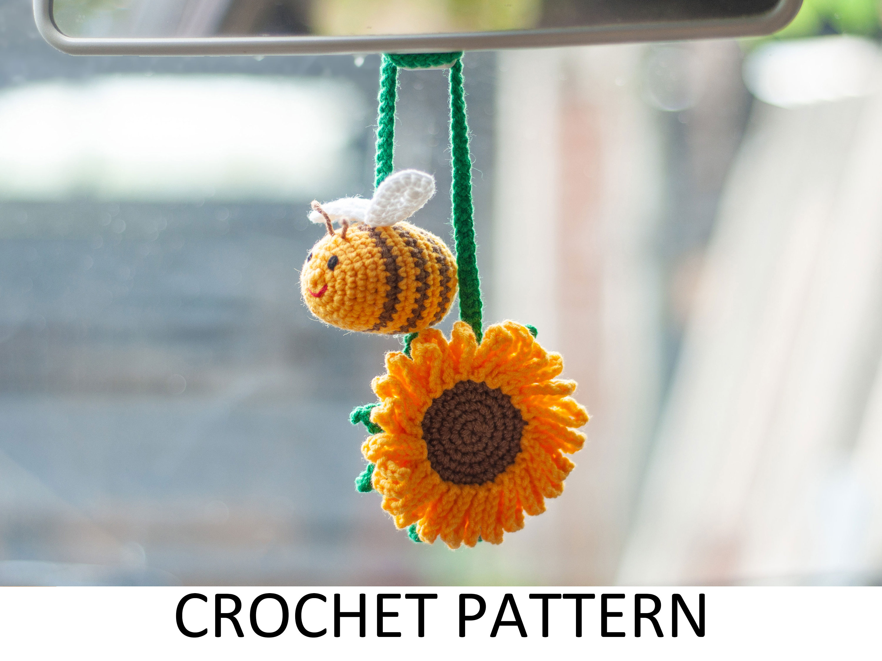 Crochet Plant Car Hanging For Rear View Mirror – Boho Decor With Bee & Flower – Handmade Car Charm Ornament