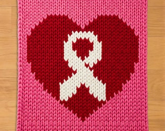 Heart with Breast Cancer Ribbon Finger Knitting Pattern. Chunky Knit Blanket Pattern