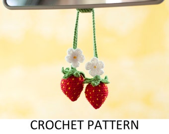 Rear View Mirror Charm Strawberry Flower Crochet Pattern PDF Amigurumi Car Hanging Plant Crochet Interior Accessory. Cute Car Gift For Teens