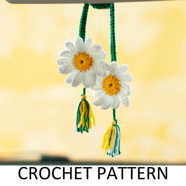 Charme de rétroviseur, marguerite, motif au crochet PDF, accessoire d'intérieur au crochet pour plante suspendue pour voiture, amigurumi. Joli cadeau de voiture pour ados