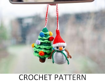 Snowman and Christmas Tree Crochet Pattern. Christmas Crochet Car Hanger Pattern. Crochet Car Accessories Pattern. Rear View Mirror Charm