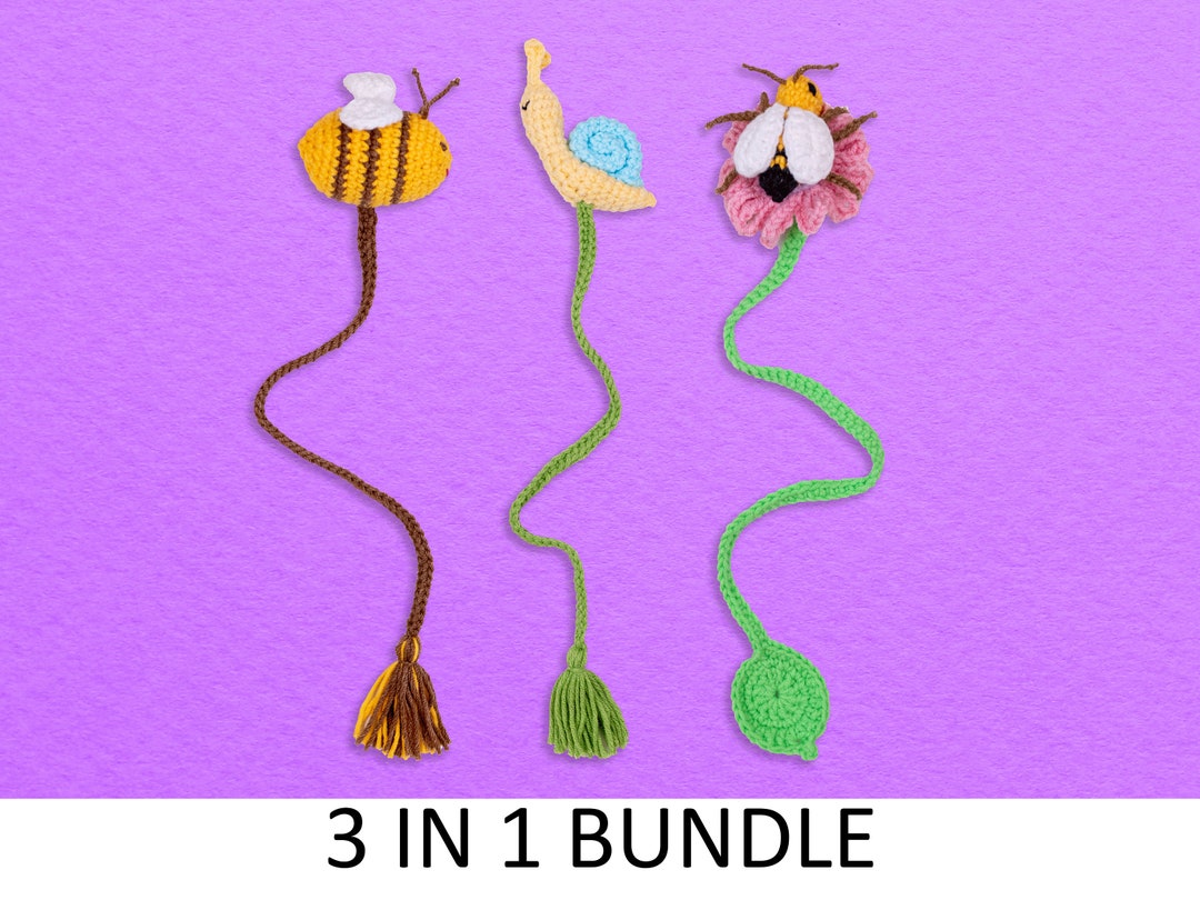 3 Crochet Bookmark Pattern Bundle. Bumblebee, Snail, Bee With Flower ...