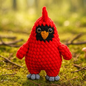 May include: A handmade, plush red cardinal bird with a black face, yellow beak, and gray feet. The bird has large, round eyes and is standing on a bed of green moss. The background is blurred, suggesting a natural outdoor setting.