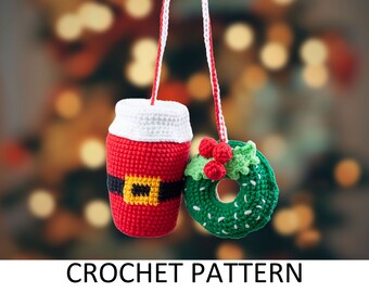 Santa Coffee Cup and Donut Crochet Charm Pattern PDF. Christmas Crochet Car Hanger. Crochet Car Hanging Accessories. Rear View Mirror Charm