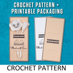 Peut inclure: Patron de crochet et emballage imprimable pour un marque-page fait main. Le marque-page est un nuage blanc en crochet avec un motif de livre et le texte "Handmade Bookmark" et "Made with Love".