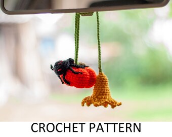 Spider and Pumking with Flower Crochet Pattern. Halloween Crochet Car Hanger. Crochet Car Hanging Accessories. Rear View Mirror Floral Charm