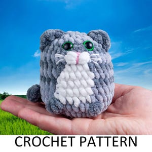 May include: A gray and white crocheted cat toy with green eyes. The cat is sitting in a hand, against a blue sky background. CROCHET PATTERN is written below the cat.