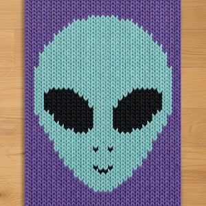 May include: A knitted alien face design in shades of purple, light blue, and black. The alien's head is light blue with black eyes and a small smile. The background is a darker purple.