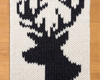 Deer Head Silhouette Finger Knitting Pattern. Chunky Chenille Yarn Knit Blanket Pattern