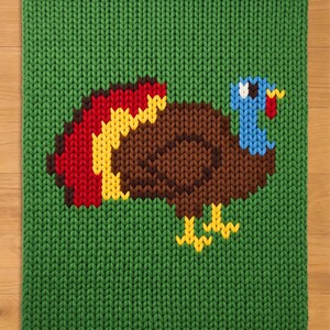 May include: A knitted green blanket featuring a colorful turkey design. The turkey has a brown body, blue head, and a red wattle. Its tail feathers are red, yellow, and brown. The blanket is made of a thick, textured yarn.