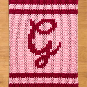 Könnte beinhalten: Ein gestricktes Quadrat in Rosa- und Burgundertönen. Die oberen und unteren Ränder sind bordeauxfarben, mit einem helleren rosa Streifen dazwischen. Eine burgunderfarbene Grafik ist auf dem rosa Feld zentriert.