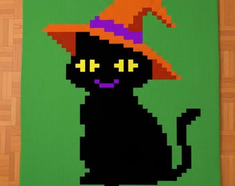 Black Cat in a Witch Hat Finger Knitting Pattern. Chunky Chenille Yarn Knit Blanket Pattern. Halloween Cat