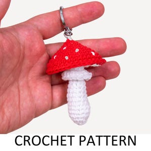 May include: A crocheted mushroom keychain with a red cap and white stem. The mushroom has white polka dots on the cap and is attached to a silver key ring.