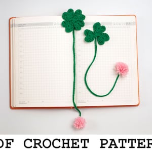 Zakładka do książki Lucky Clover Wzór szydełkowy. Wzór na Dzień Świętego Patryka. Zakładka do książki z kwiatem szydełkowym. Wzór na szydełkową czterolistną koniczynę