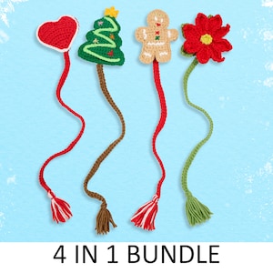 Pode incluir: Um conjunto de quatro marcadores de página de crochê com tema natalino. Os marcadores de página apresentam um coração vermelho, uma árvore de Natal verde, um homem de gengibre e uma flor de natal vermelha. Cada marcador de página tem uma longa franja de crochê.