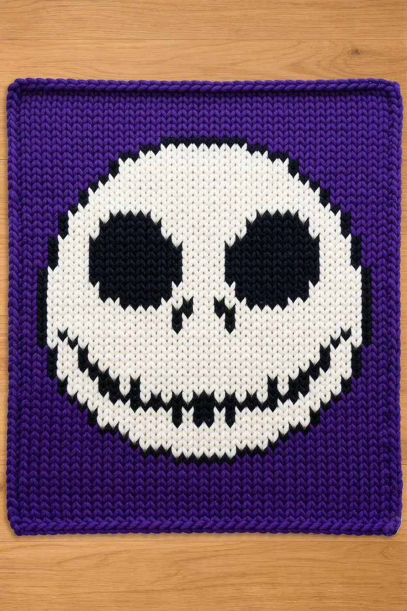 Jack Skellington Skull Finger Knitting Pattern. Halloween Chunky Chenille Yarn Knit Blanket Pattern image 1