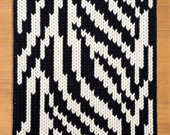 Zebra Print Finger Knitting Pattern. Black and White Chunky Chenille Yarn Knit Blanket Pattern