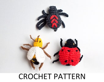 May include: Crochet pattern for a black spider, a yellow and white bee, and a red ladybug.