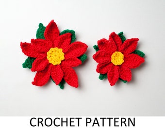 Bundle of 2 Poinsettia Flower Crochet Patterns PDF. Cute Crocheted Christmas Tree Ornaments Set. Big and Small Red Xmas Floral Holiday Decor