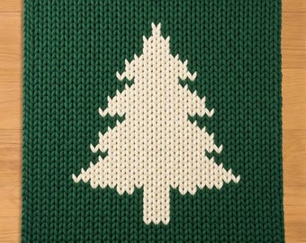 Pine Tree Silhouette Finger Knitting Pattern. Christmas Chunky Knit Blanket Pattern. Chunky Blanket Pattern